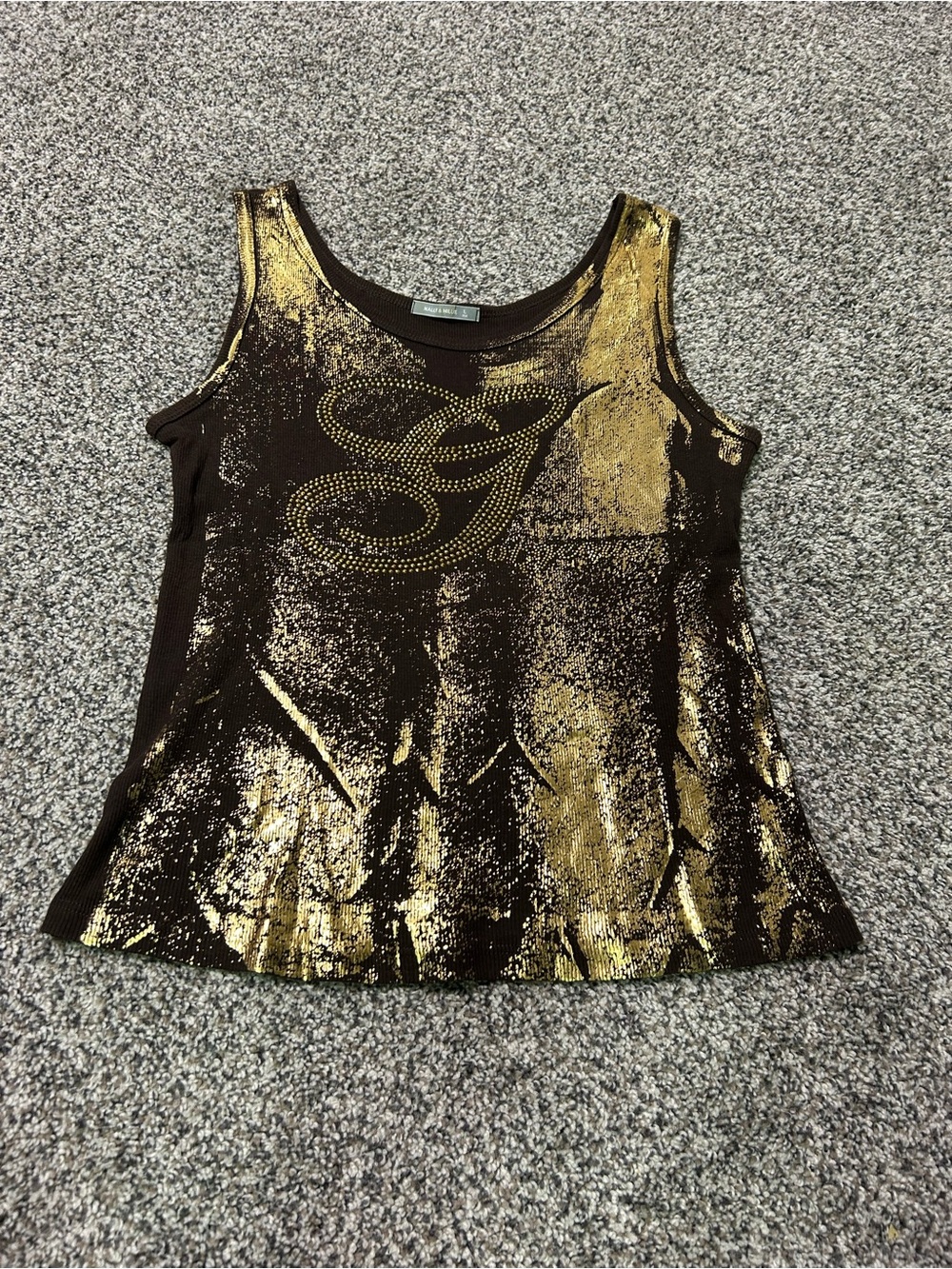 Nally & Millie Women's Brown Gold Foil Tank Top Y2k Gorgeous Spell Out
